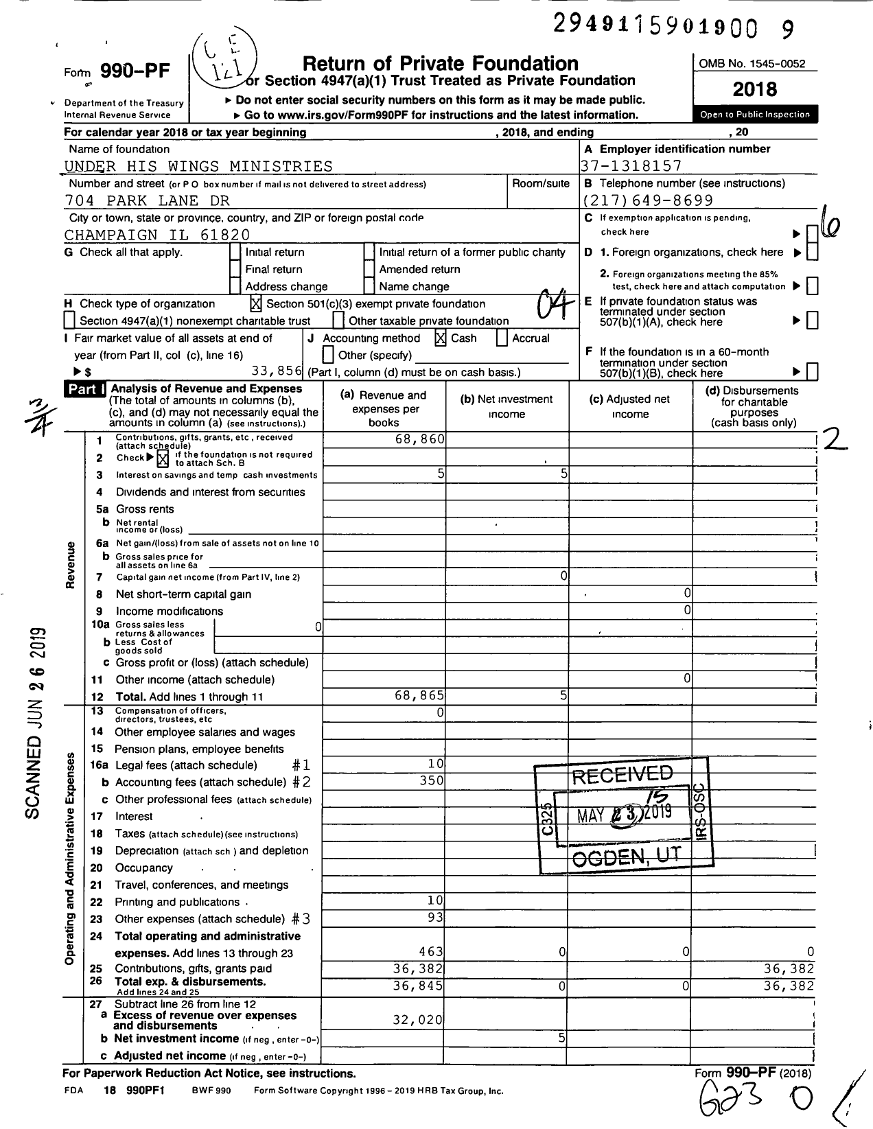 Image of first page of 2018 Form 990PF for Under His Wings Ministries