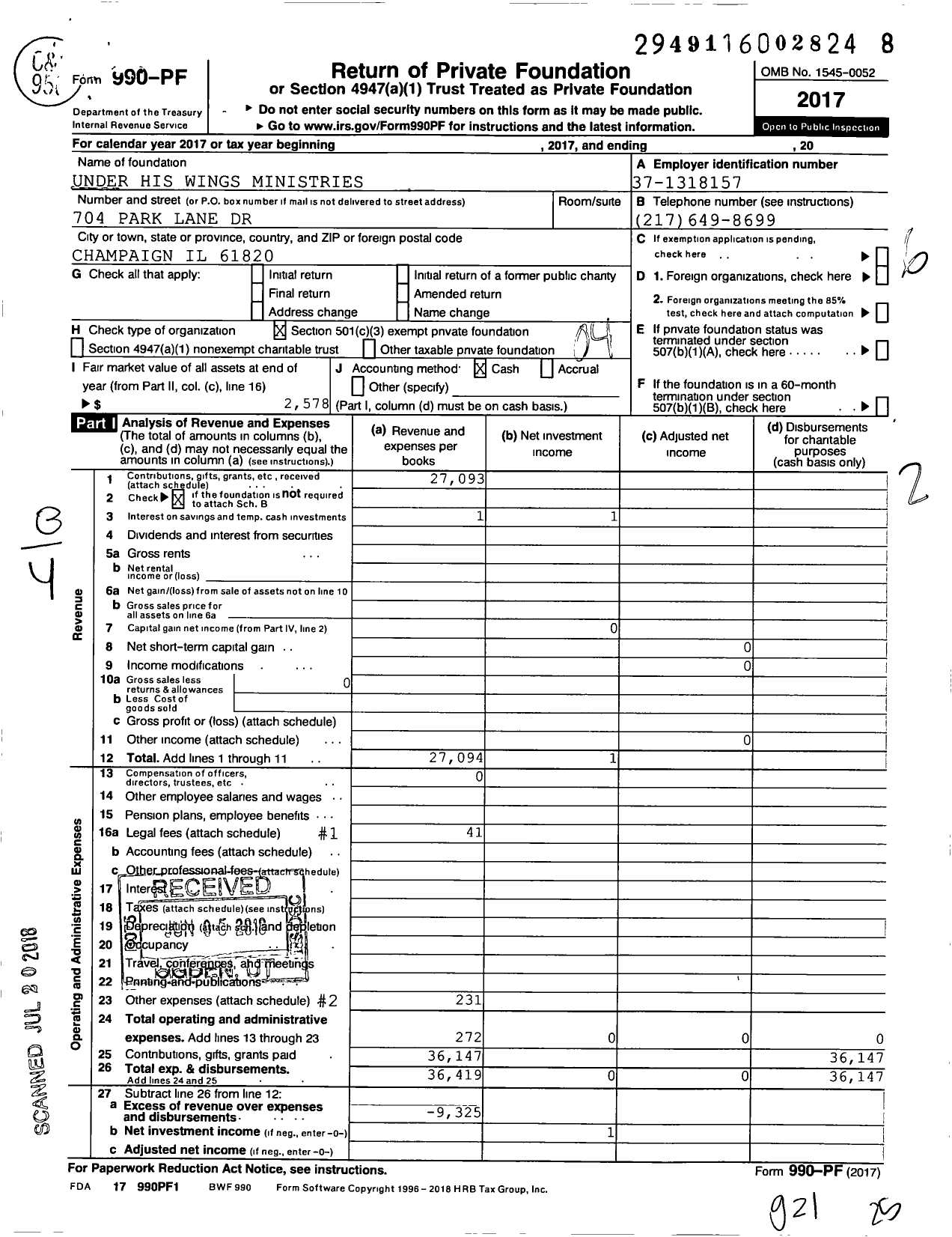 Image of first page of 2017 Form 990PF for Under His Wings Ministries