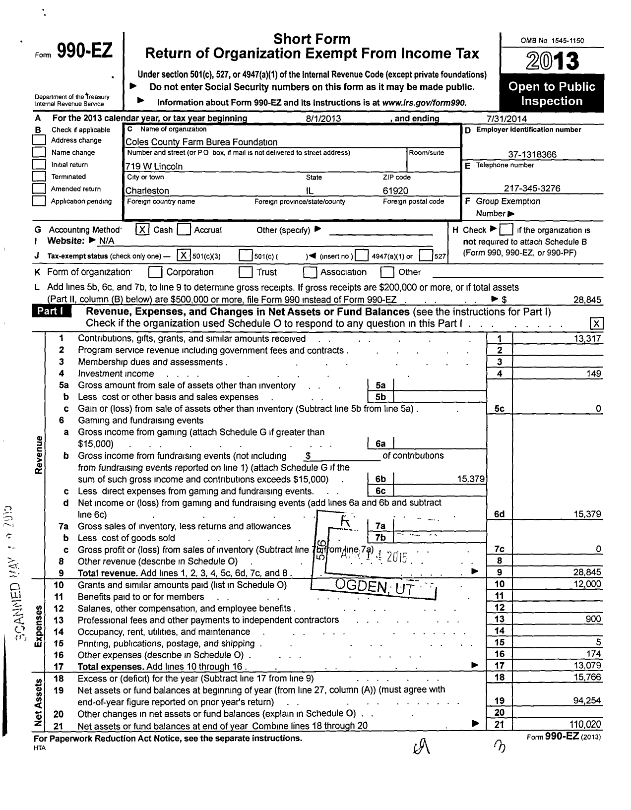 Image of first page of 2013 Form 990EZ for Coles County Farm Bureau Foundation