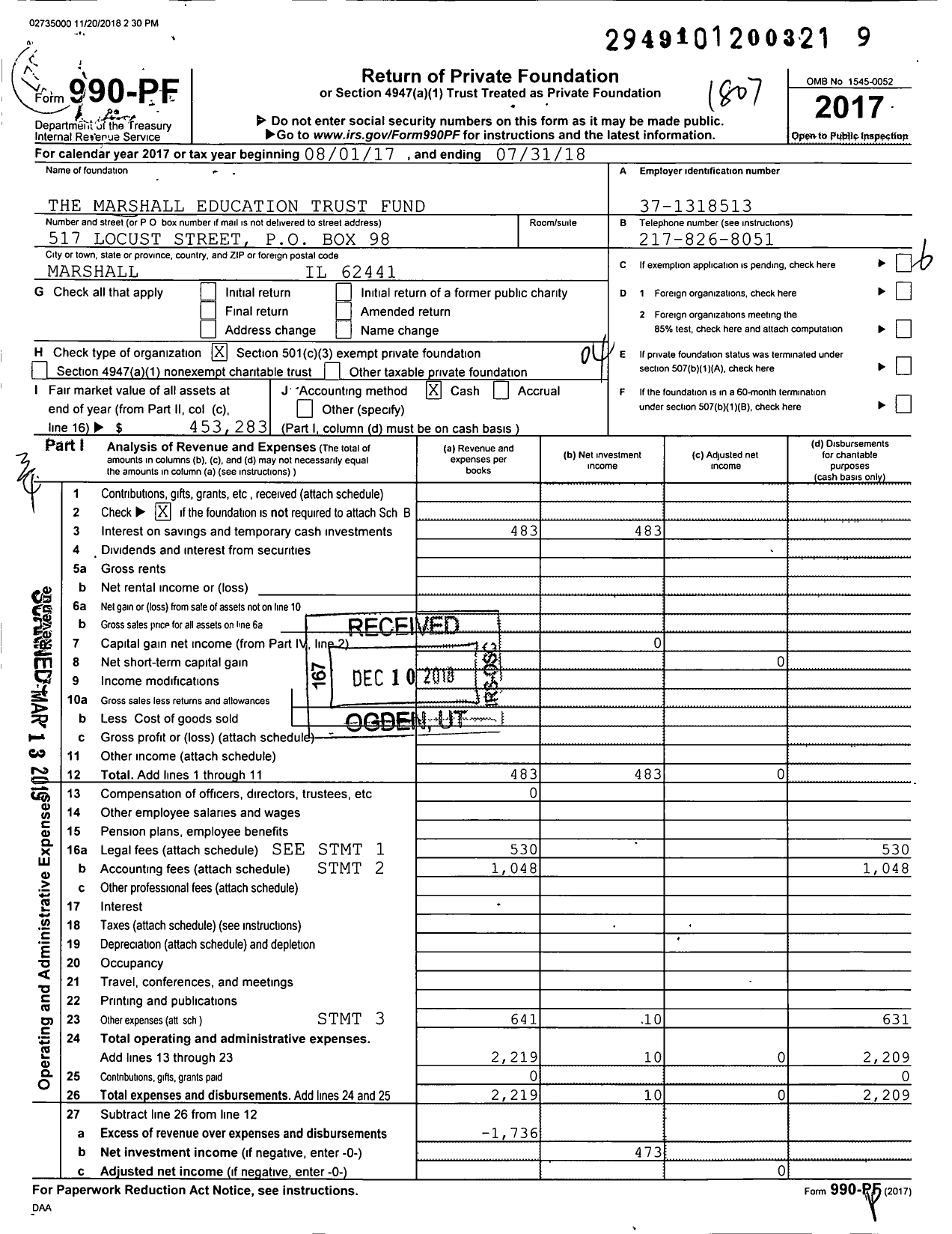 Image of first page of 2017 Form 990PF for The Marshall Education Trust Fund