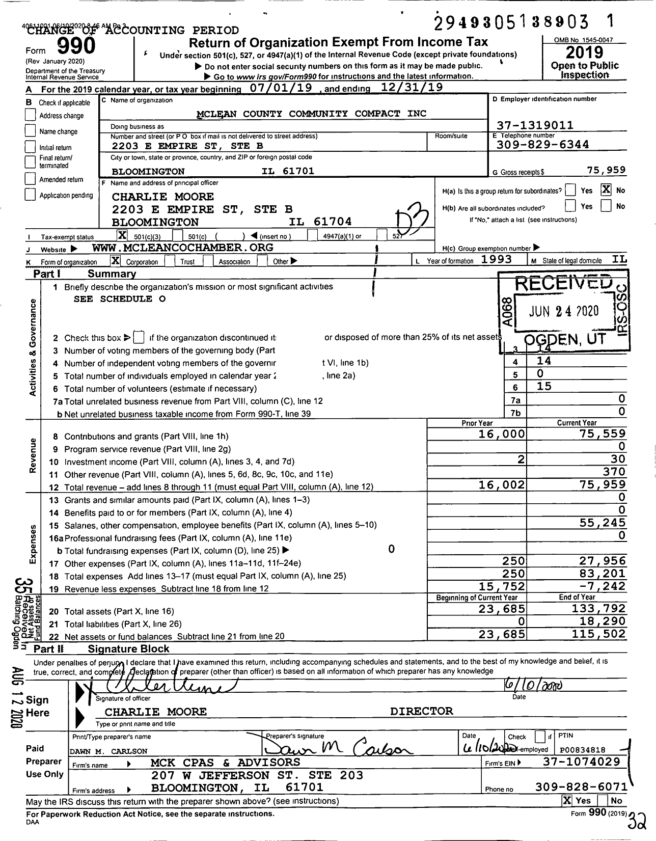 Image of first page of 2019 Form 990 for Mclean County Community Compact