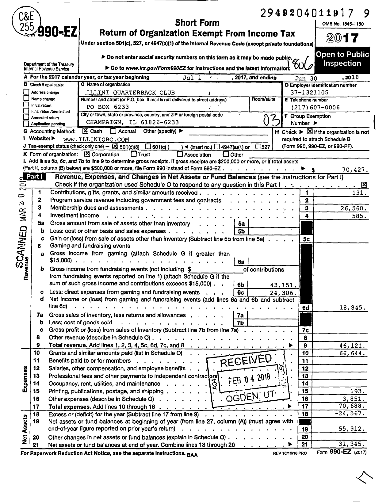 Image of first page of 2017 Form 990EZ for Illini Quarterback Club