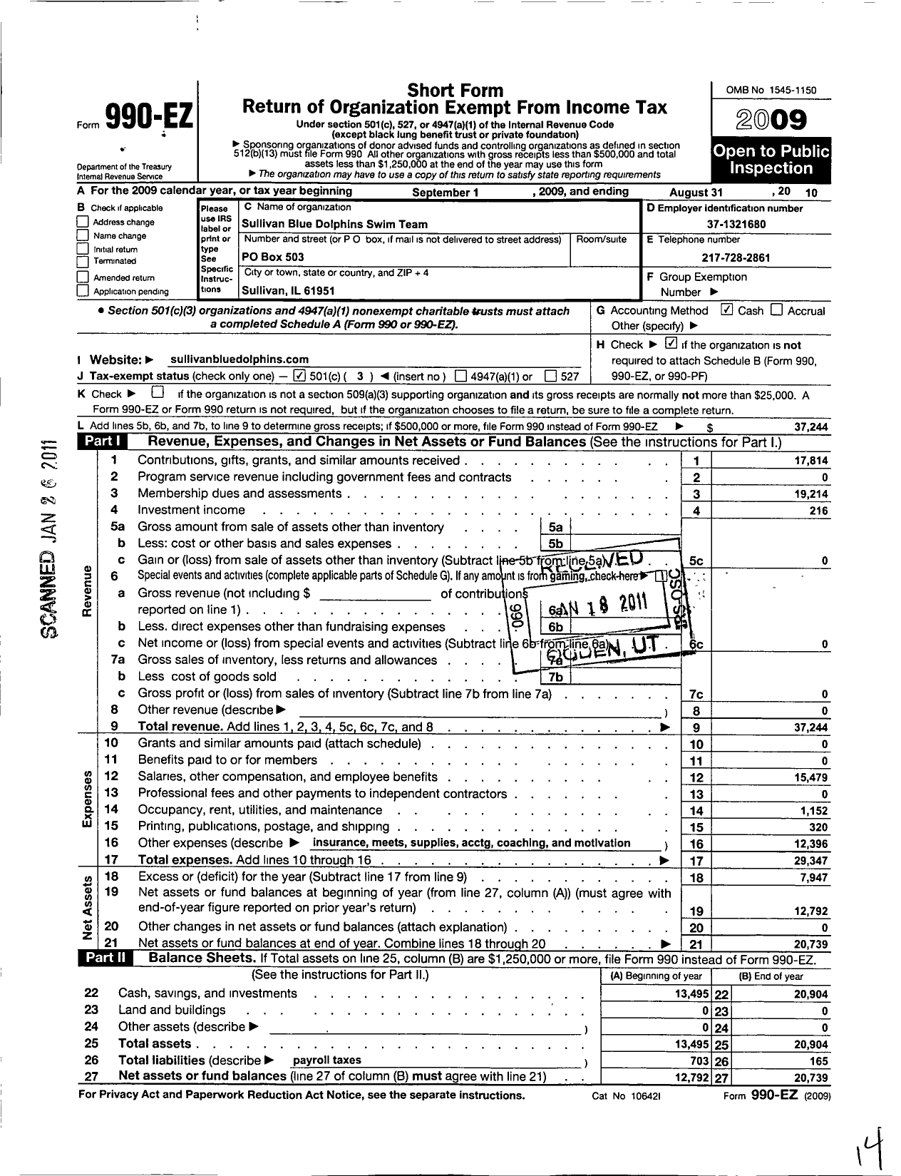 Image of first page of 2009 Form 990EZ for Sullivan Blue Dolphins Swim Team