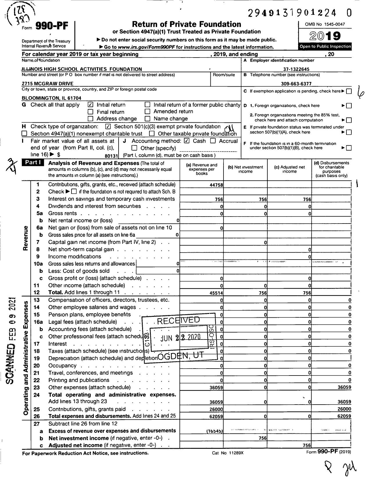 Image of first page of 2019 Form 990PF for Illinois High School Activities Foundation