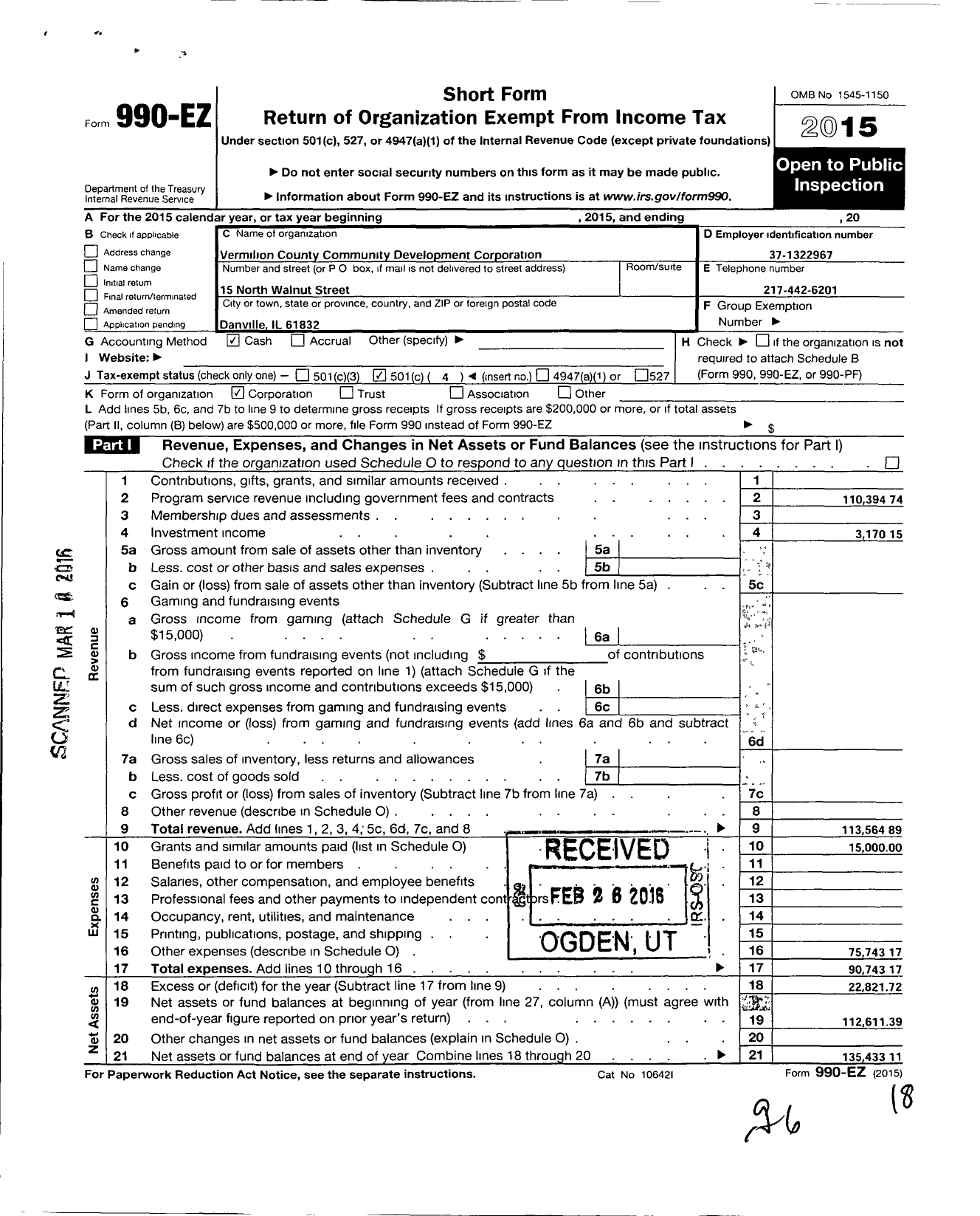 Image of first page of 2015 Form 990EO for Vermilion County Community Development Corporation