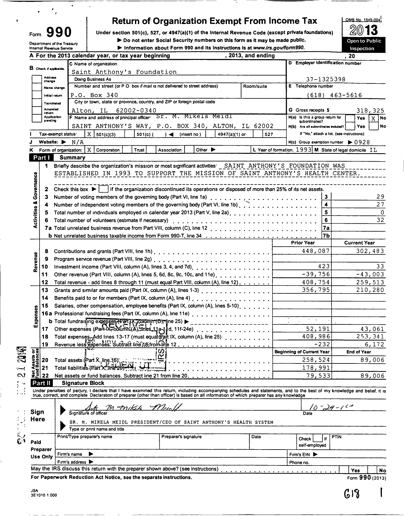 Image of first page of 2013 Form 990 for Saint Anthonys Foundation