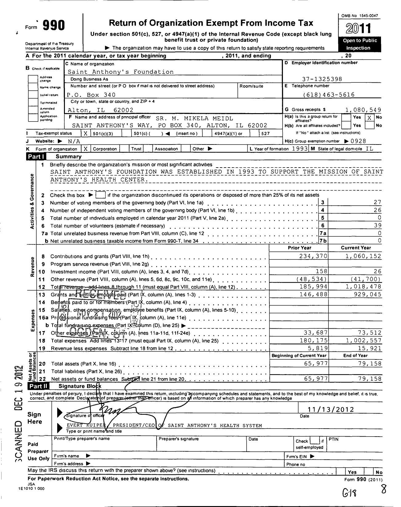 Image of first page of 2011 Form 990 for Saint Anthonys Foundation