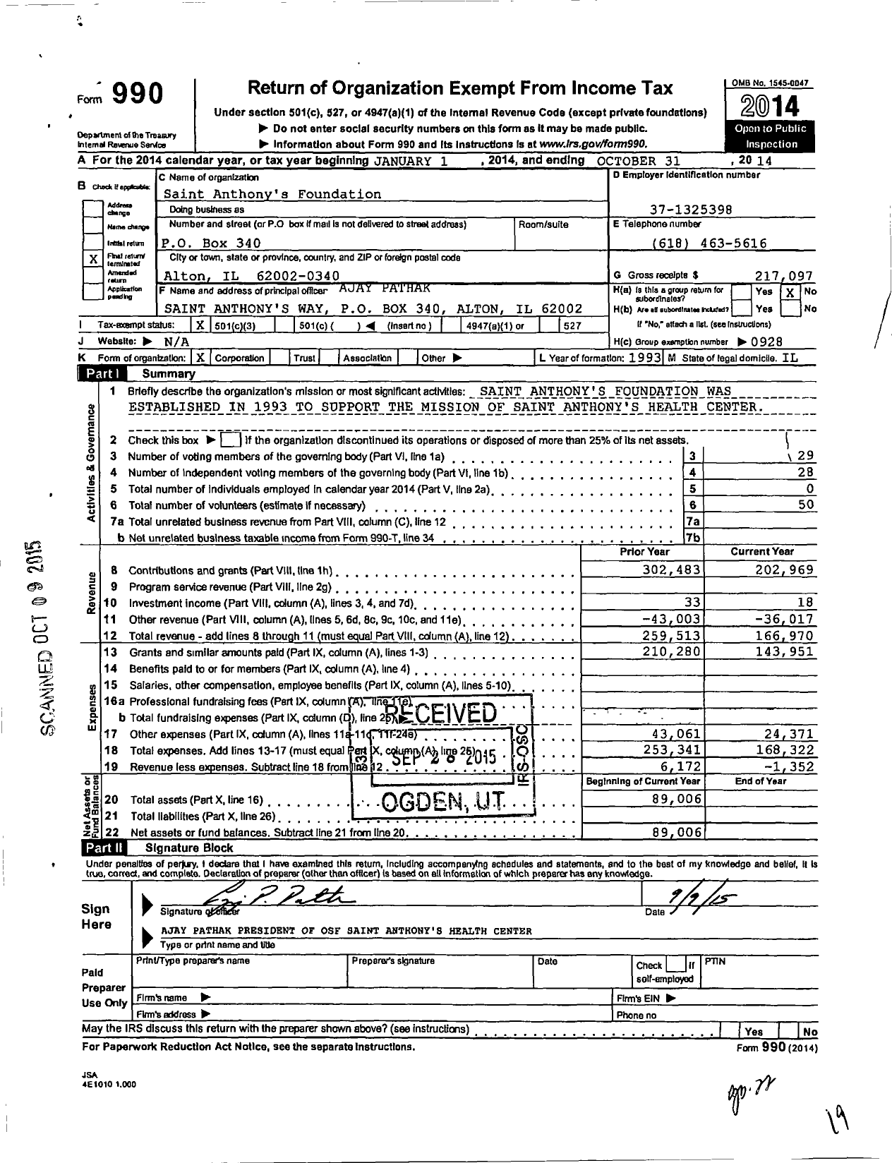 Image of first page of 2013 Form 990 for Saint Anthonys Foundation