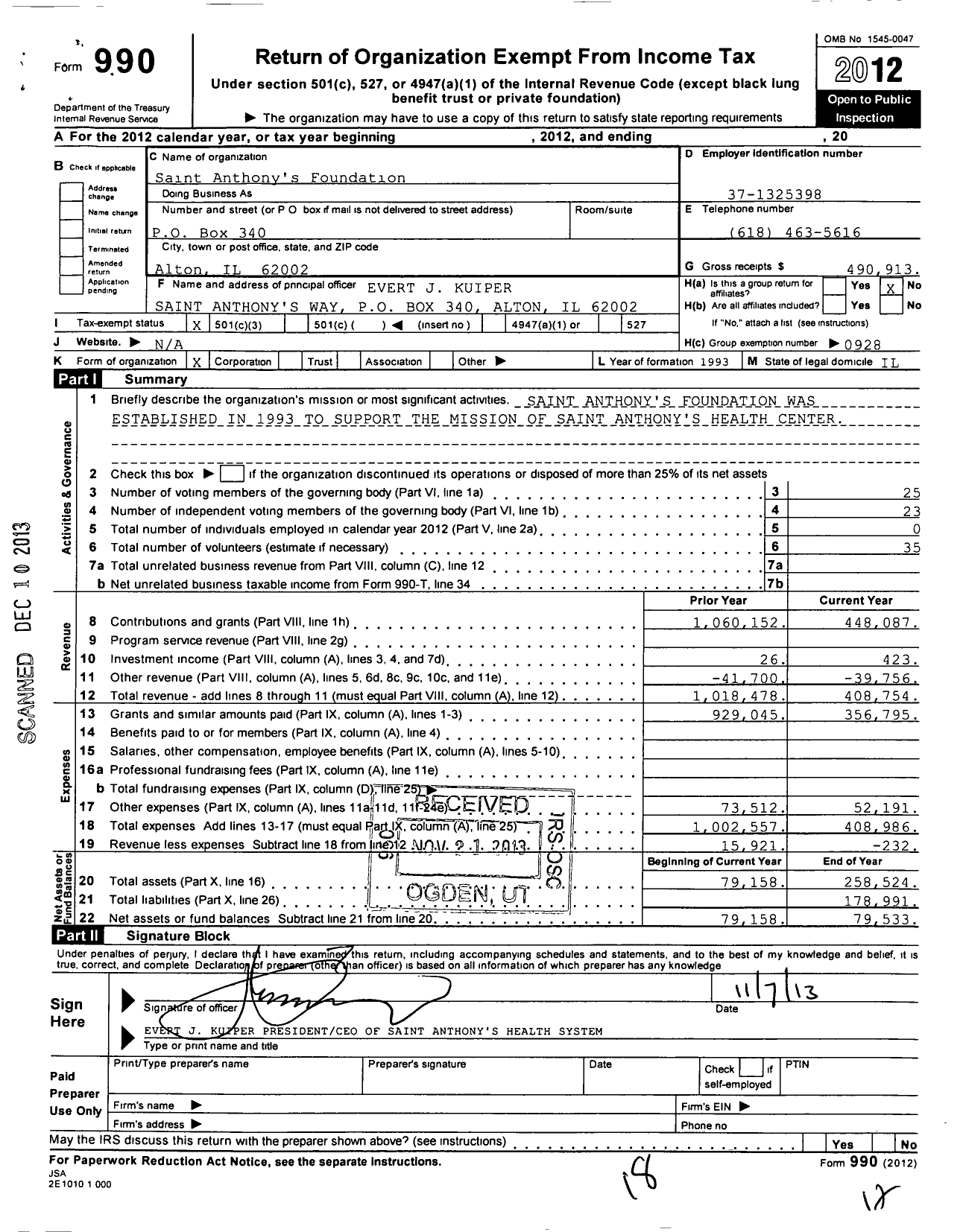 Image of first page of 2012 Form 990 for Saint Anthonys Foundation