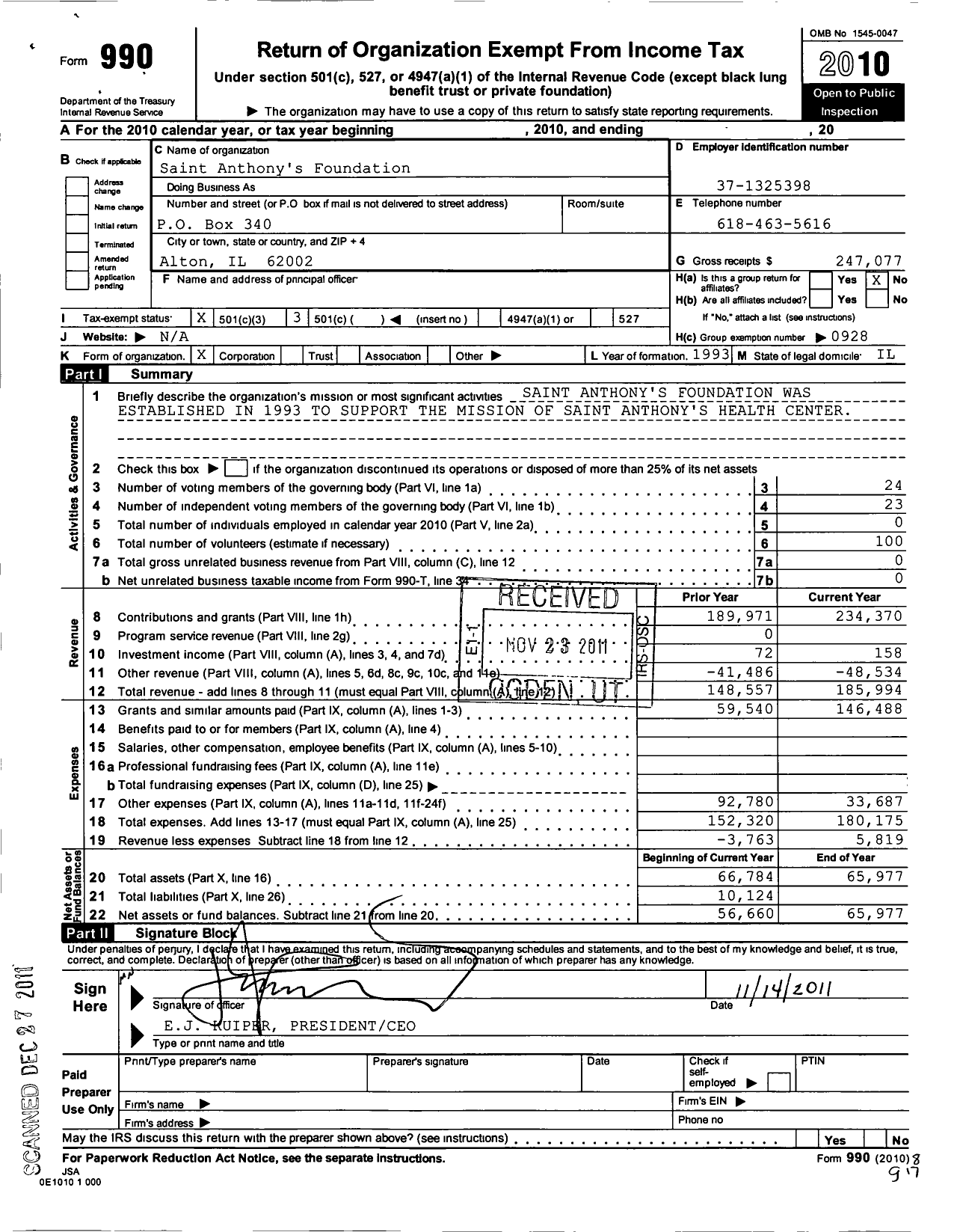 Image of first page of 2010 Form 990 for Saint Anthonys Foundation