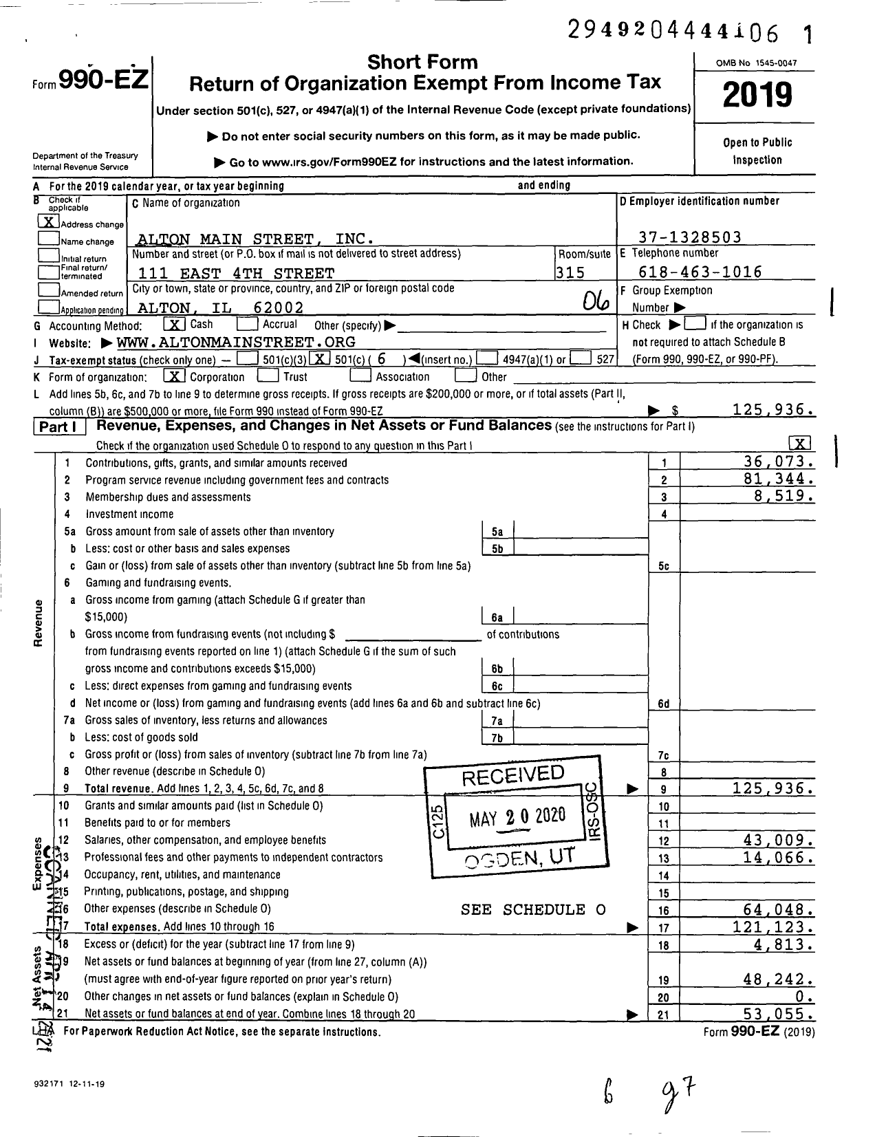 Image of first page of 2019 Form 990EO for Alton Main Street