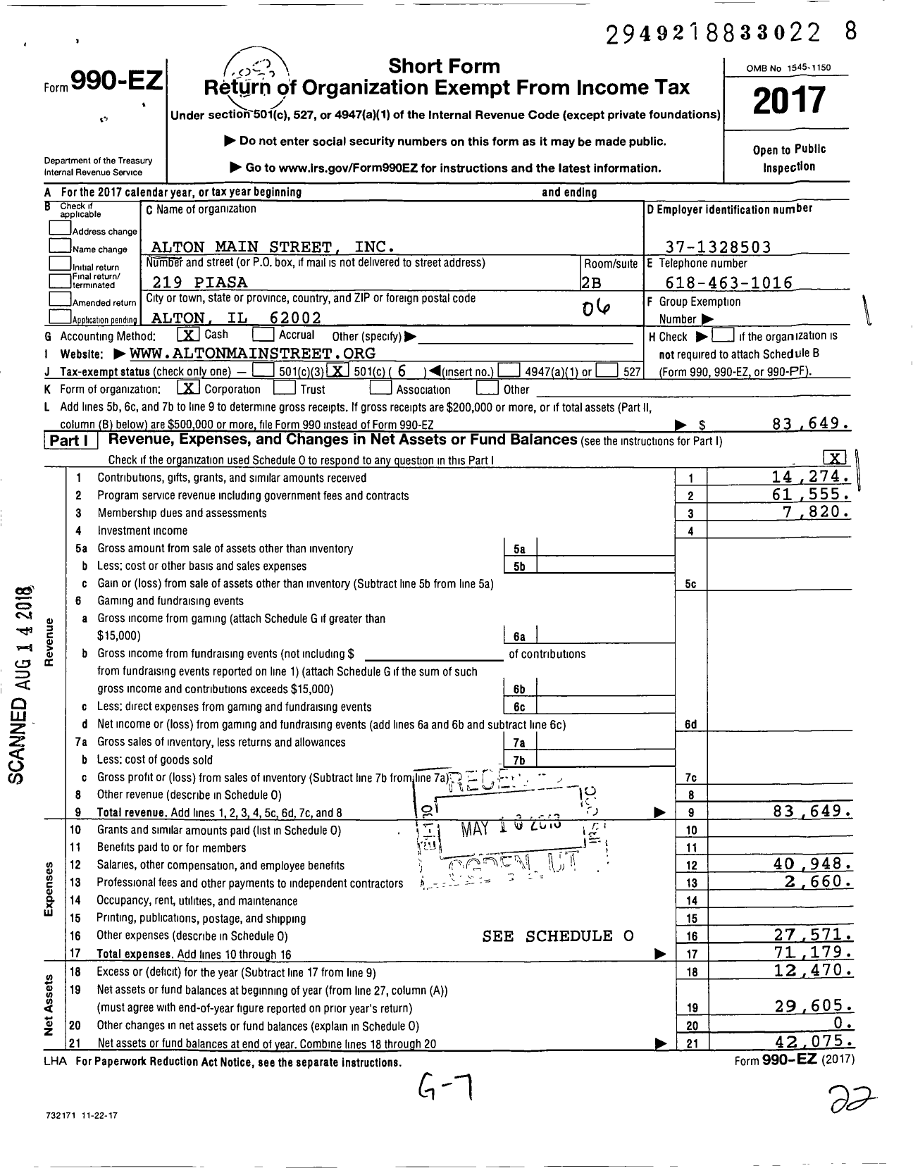 Image of first page of 2017 Form 990EO for Alton Main Street