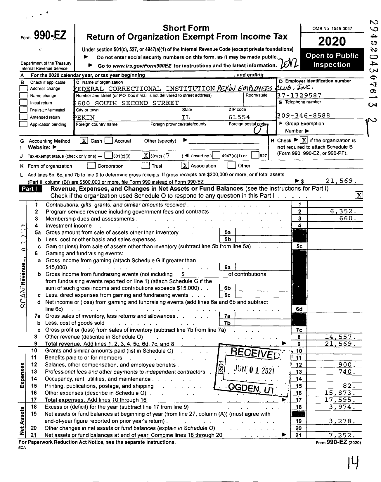 Image of first page of 2020 Form 990EO for Federal Correctional Institution Pekin Employees Club