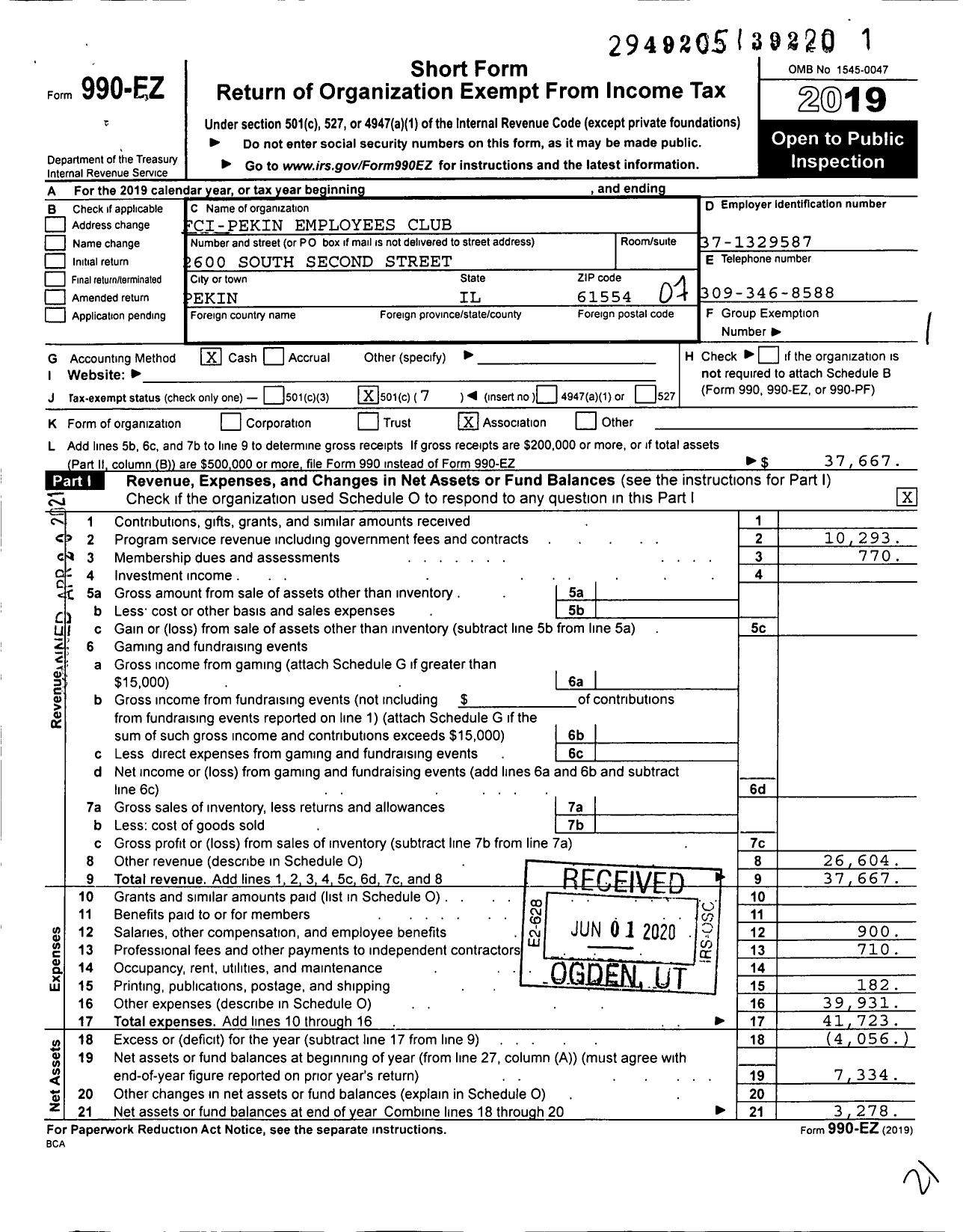 Image of first page of 2019 Form 990EO for Federal Correctional Institution Pekin Employees Club