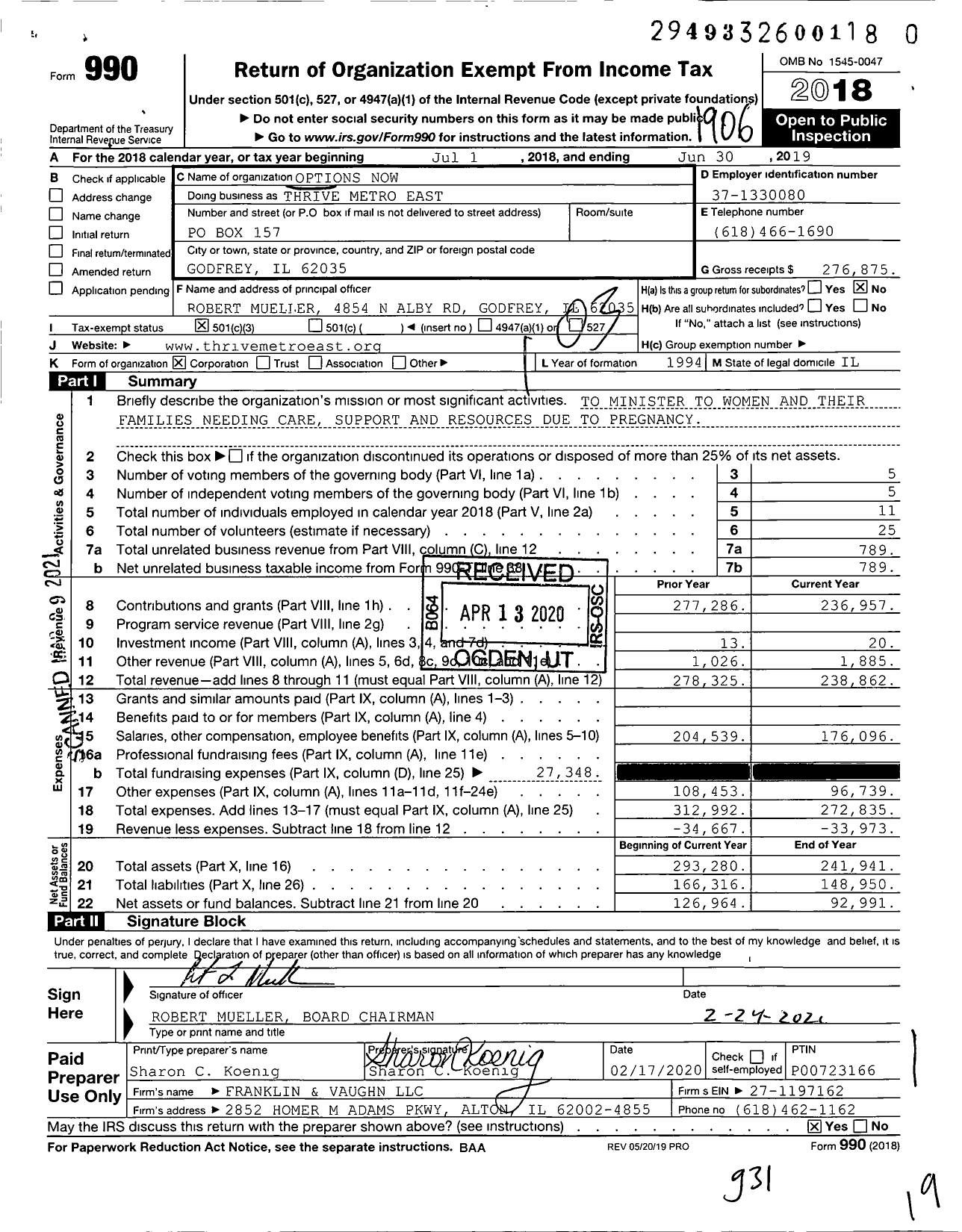 Image of first page of 2018 Form 990 for Thrive Metro East