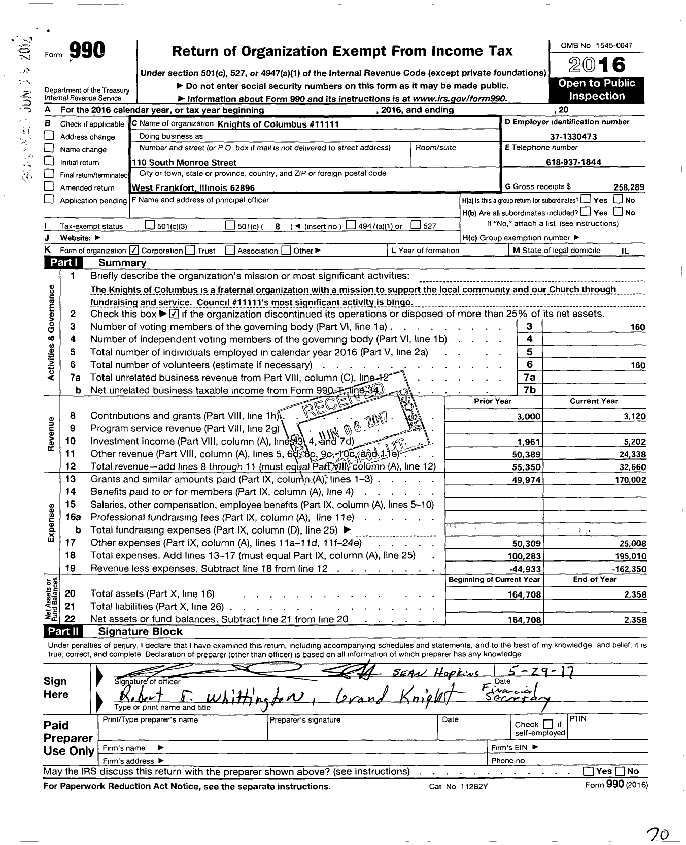 Image of first page of 2016 Form 990O for Knights of Columbus - 11111 West Frankfort Council