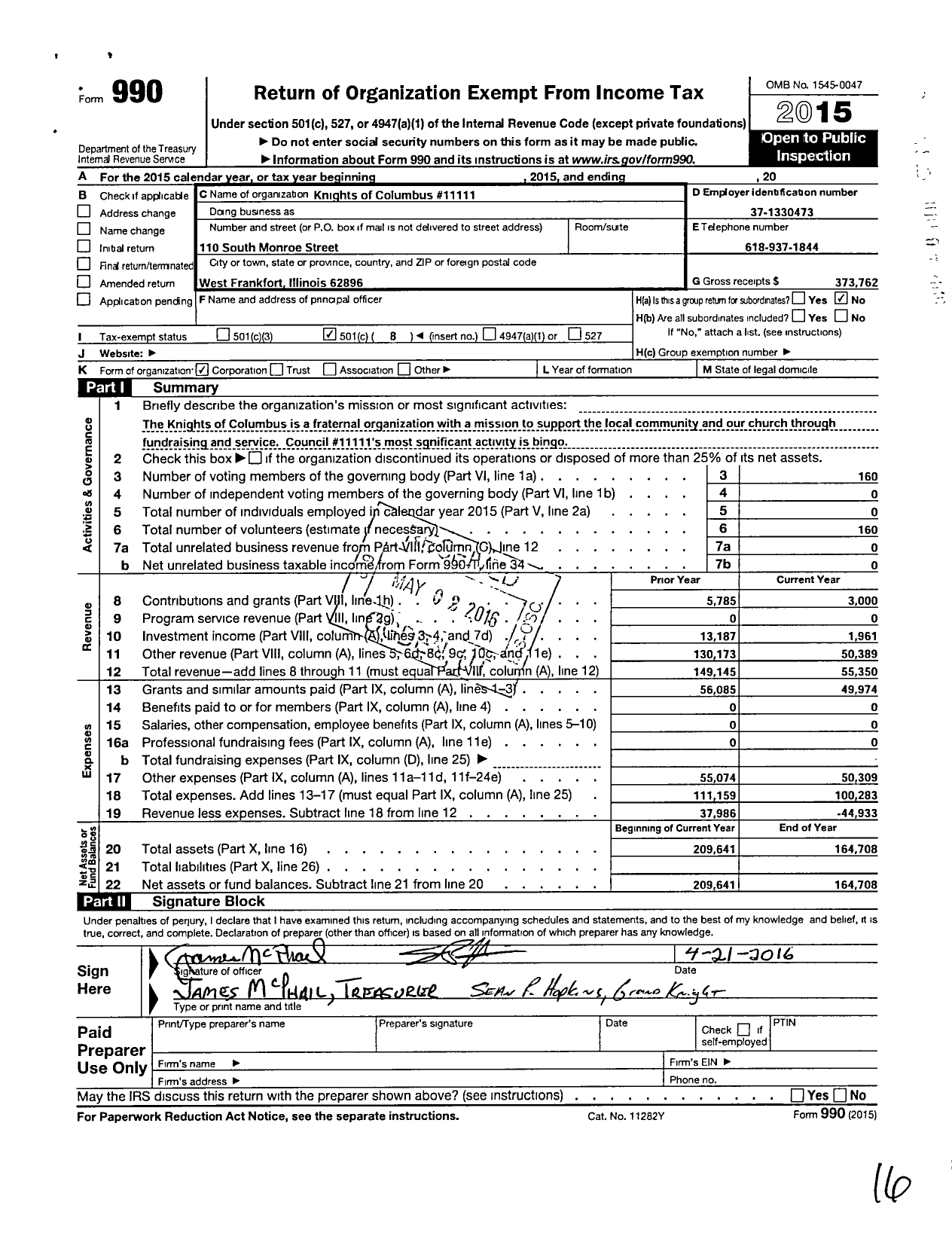 Image of first page of 2015 Form 990O for Knights of Columbus - 11111 West Frankfort Council