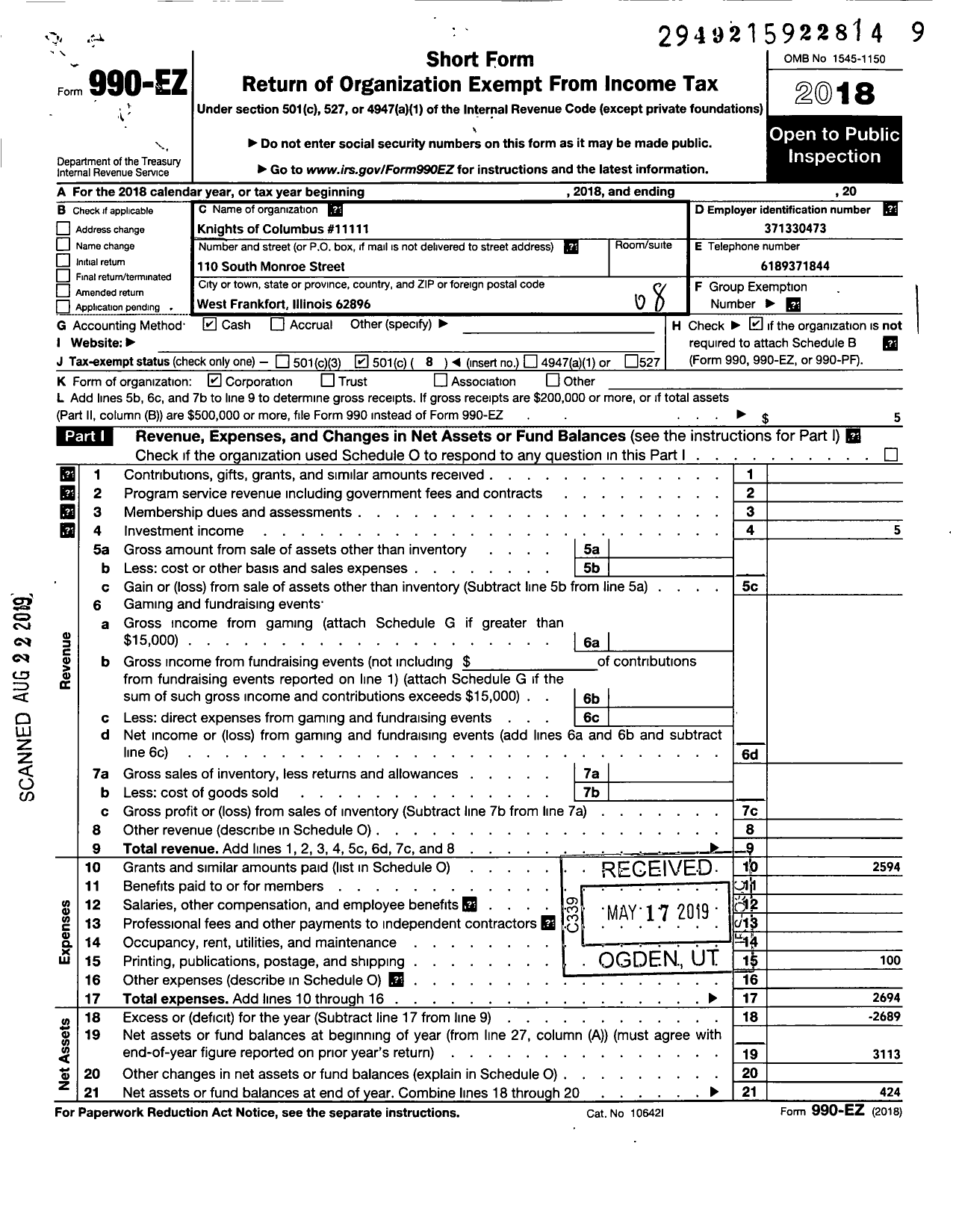 Image of first page of 2018 Form 990EO for Knights of Columbus - 11111 West Frankfort Council