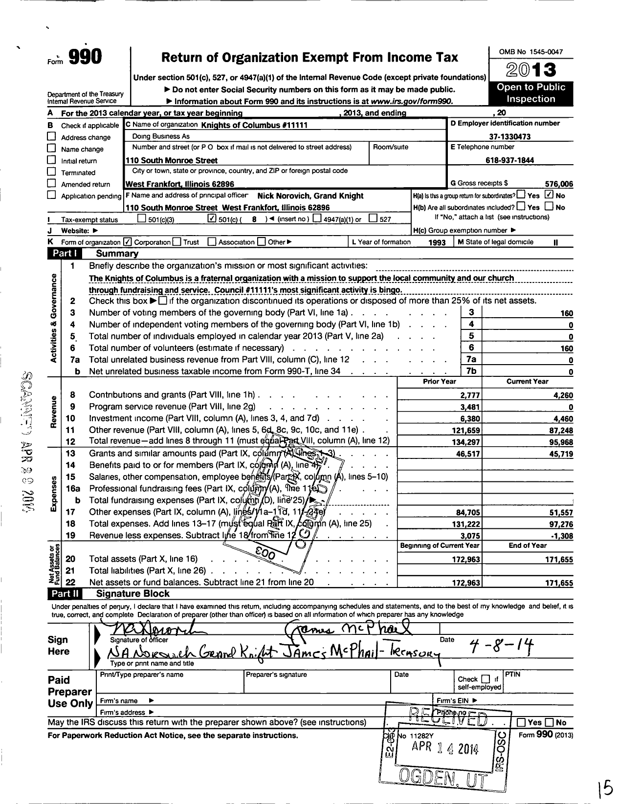 Image of first page of 2013 Form 990O for Knights of Columbus - 11111 West Frankfort Council