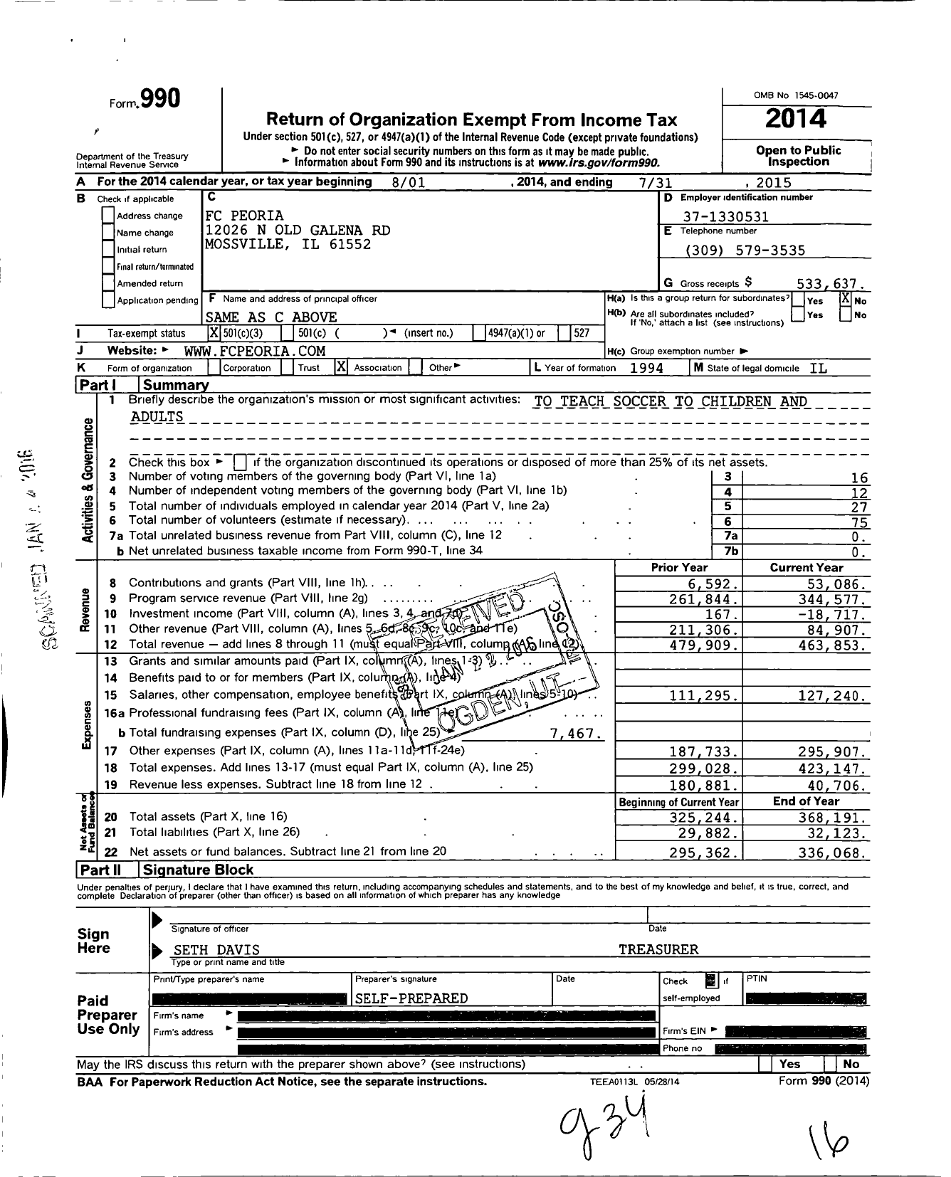 Image of first page of 2014 Form 990 for Peoria FC United