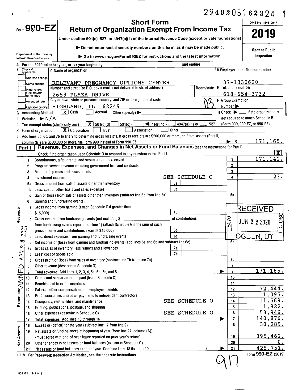 Image of first page of 2019 Form 990EZ for Relevant Pregnancy Options Center