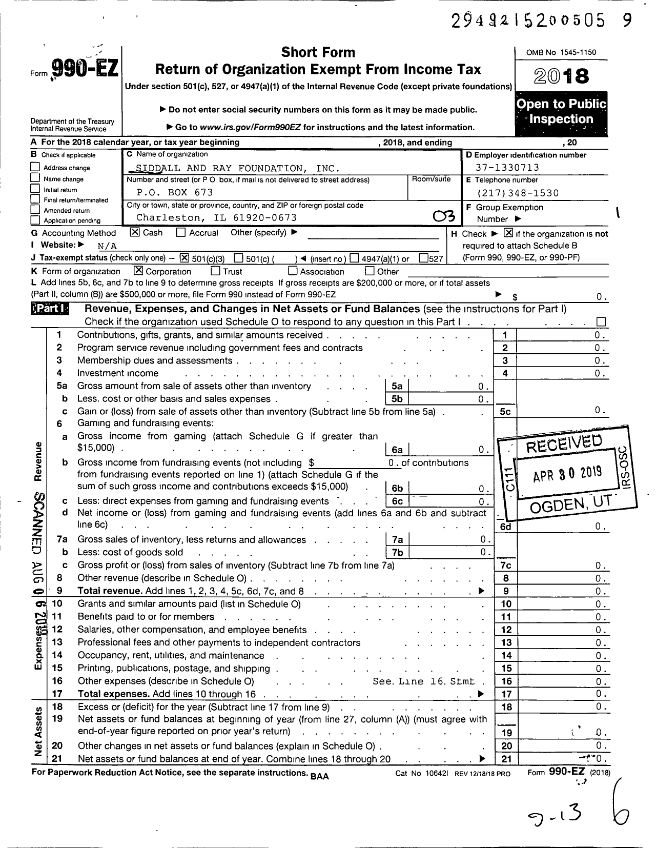 Image of first page of 2018 Form 990EZ for Siddall and Ray Foundation