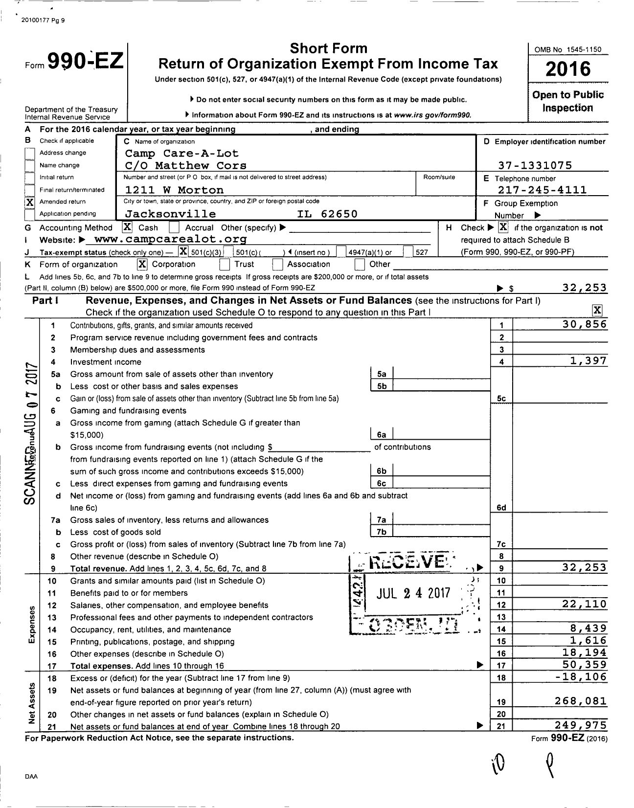 Image of first page of 2016 Form 990EZ for Camp Care-A-Lot