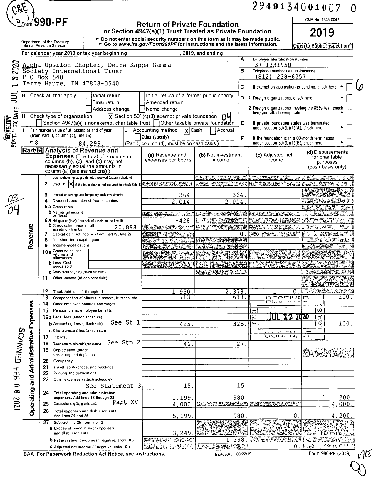 Image of first page of 2019 Form 990PF for Alpha Upsilon Chapter Delta Kappa Gamma Society International Trust