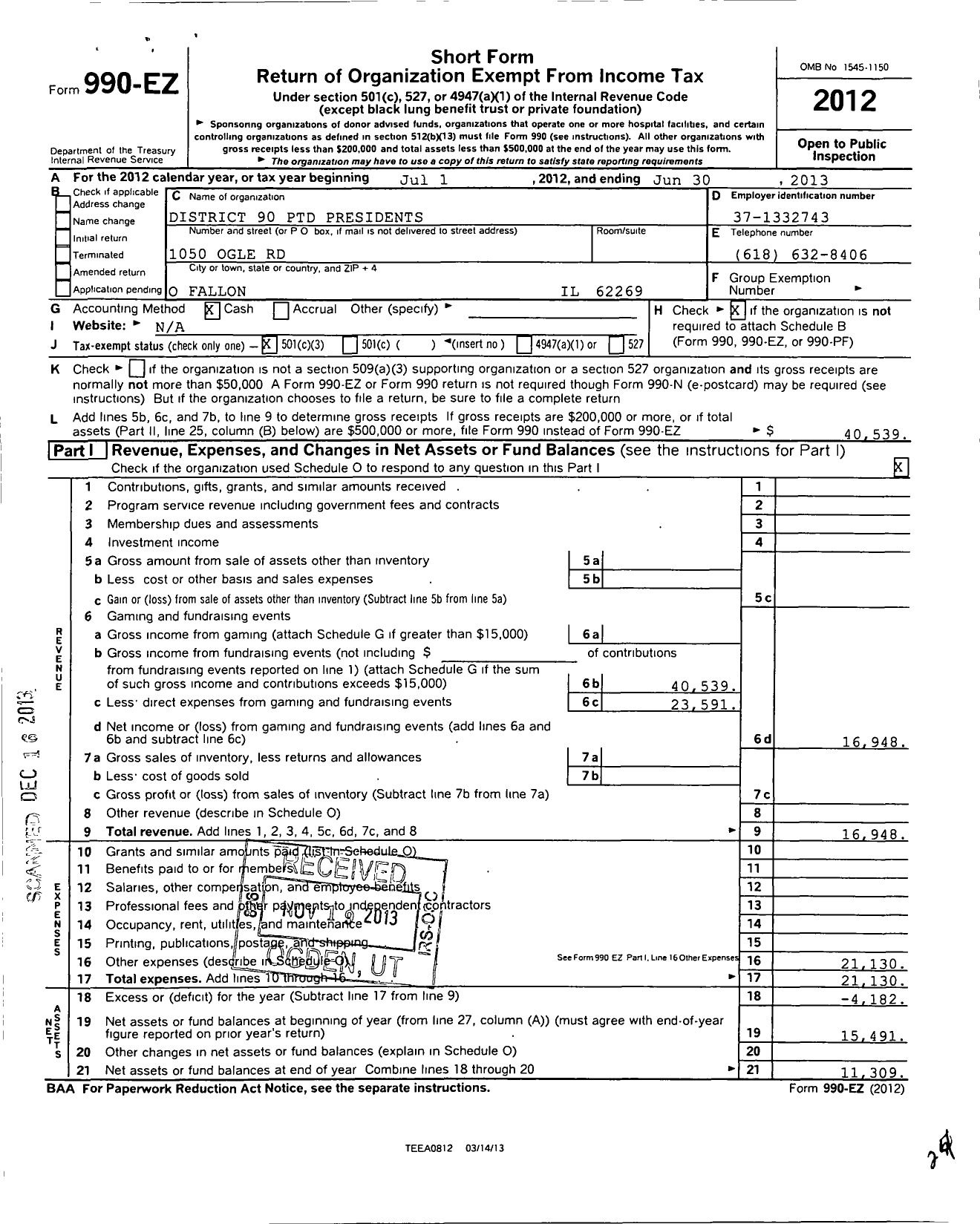 Image of first page of 2012 Form 990EZ for District 90 PTD Presidents