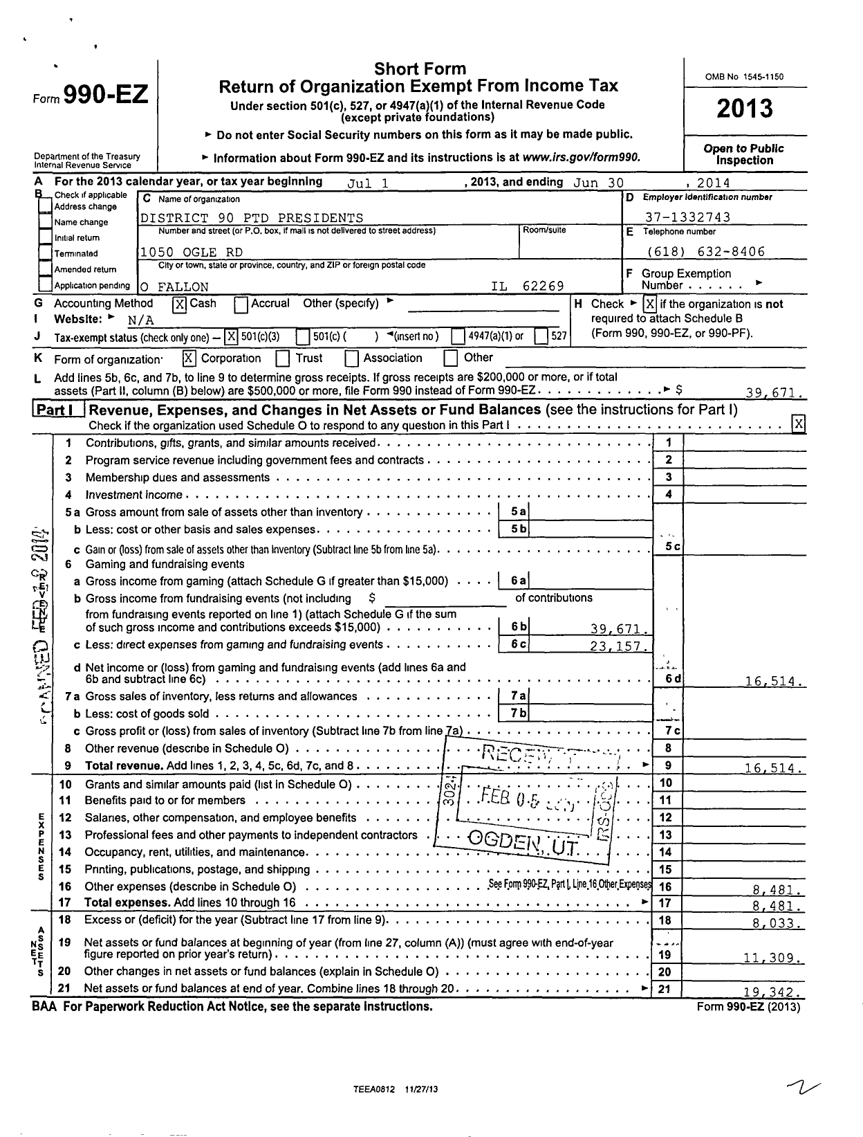 Image of first page of 2013 Form 990EZ for District 90 PTD Presidents