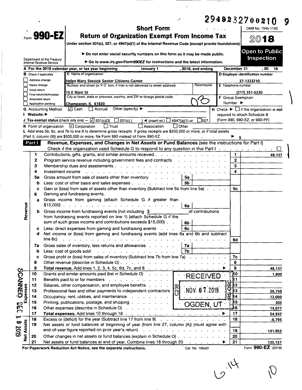 Image of first page of 2018 Form 990EZ for Helen Mary Stevick Senior Citizens Center