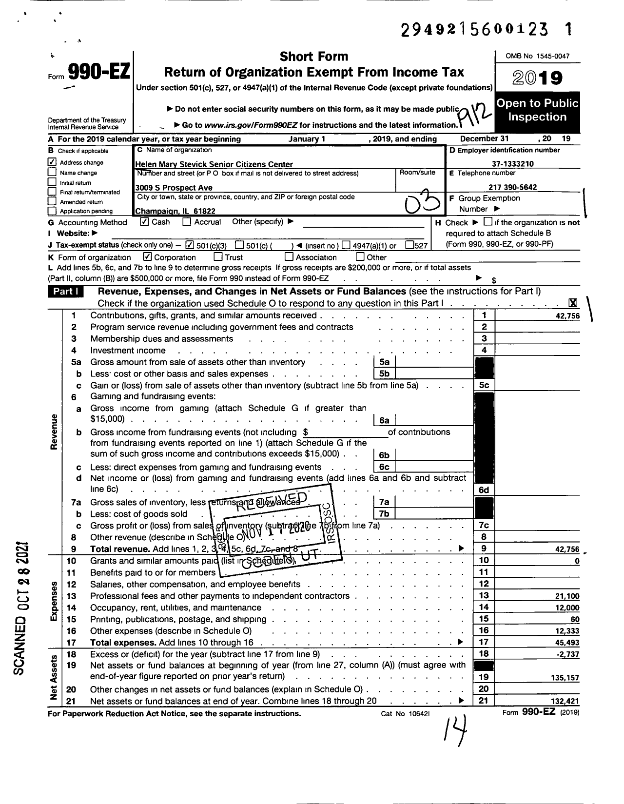 Image of first page of 2019 Form 990EZ for Helen Mary Stevick Senior Citizens Center