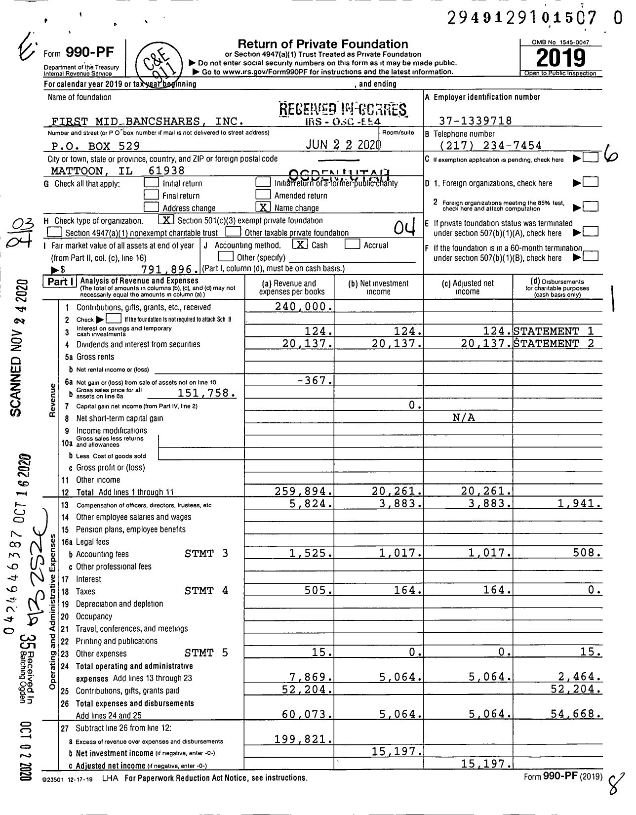 Image of first page of 2019 Form 990PF for First Mid Bancshares