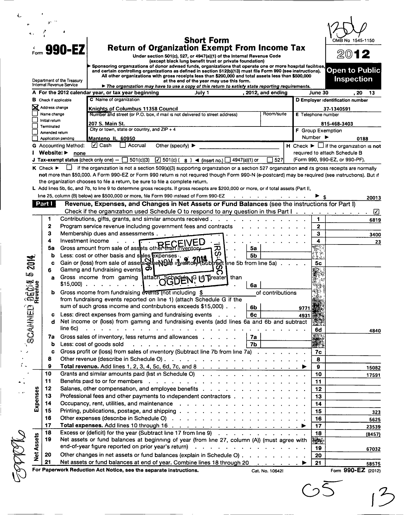 Image of first page of 2012 Form 990EO for Knights of Columbus - 11358 St Joseph of Manteno Council