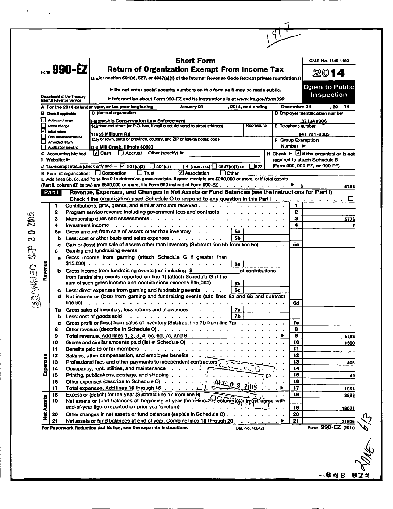 Image of first page of 2014 Form 990EZ for Fellowship Conservation Law Enforcement