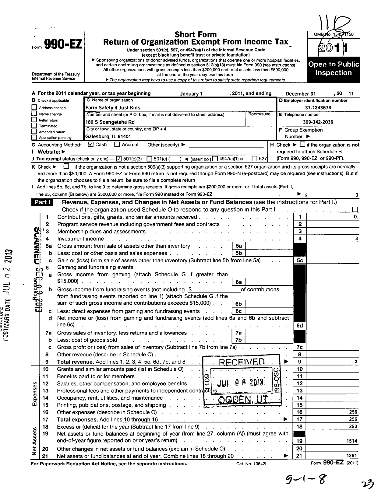 Image of first page of 2011 Form 990EZ for Farm Safety 4 Just Kids / Knox County Chapter
