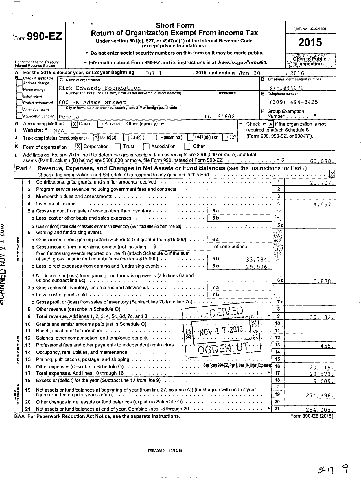 Image of first page of 2015 Form 990EZ for The Kirk Edwards Foundation
