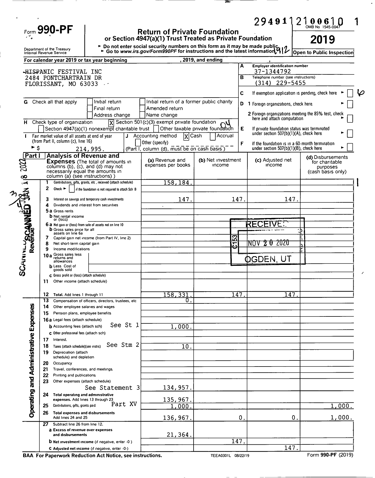 Image of first page of 2019 Form 990PF for Hispanic Festival