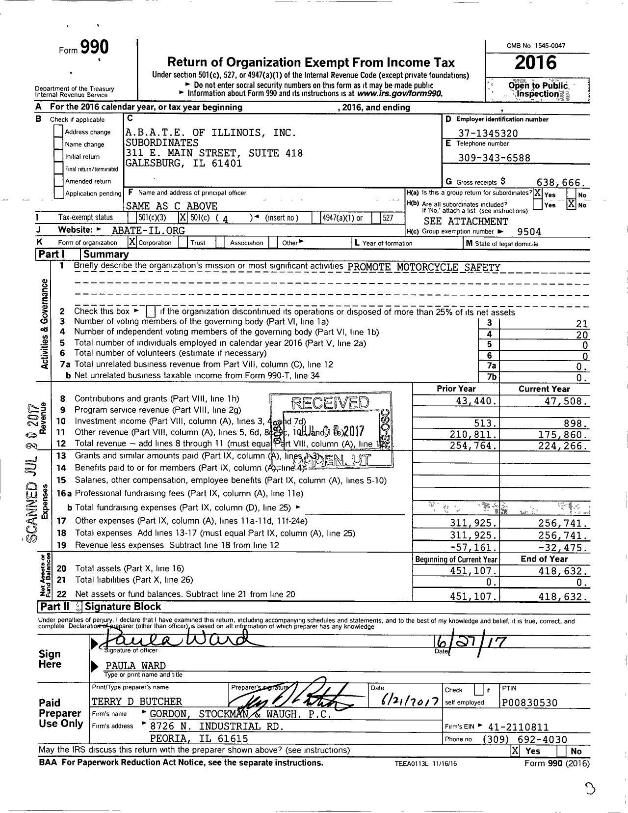 Image of first page of 2016 Form 990O for A B A T E of Illinois Inc Subordinates