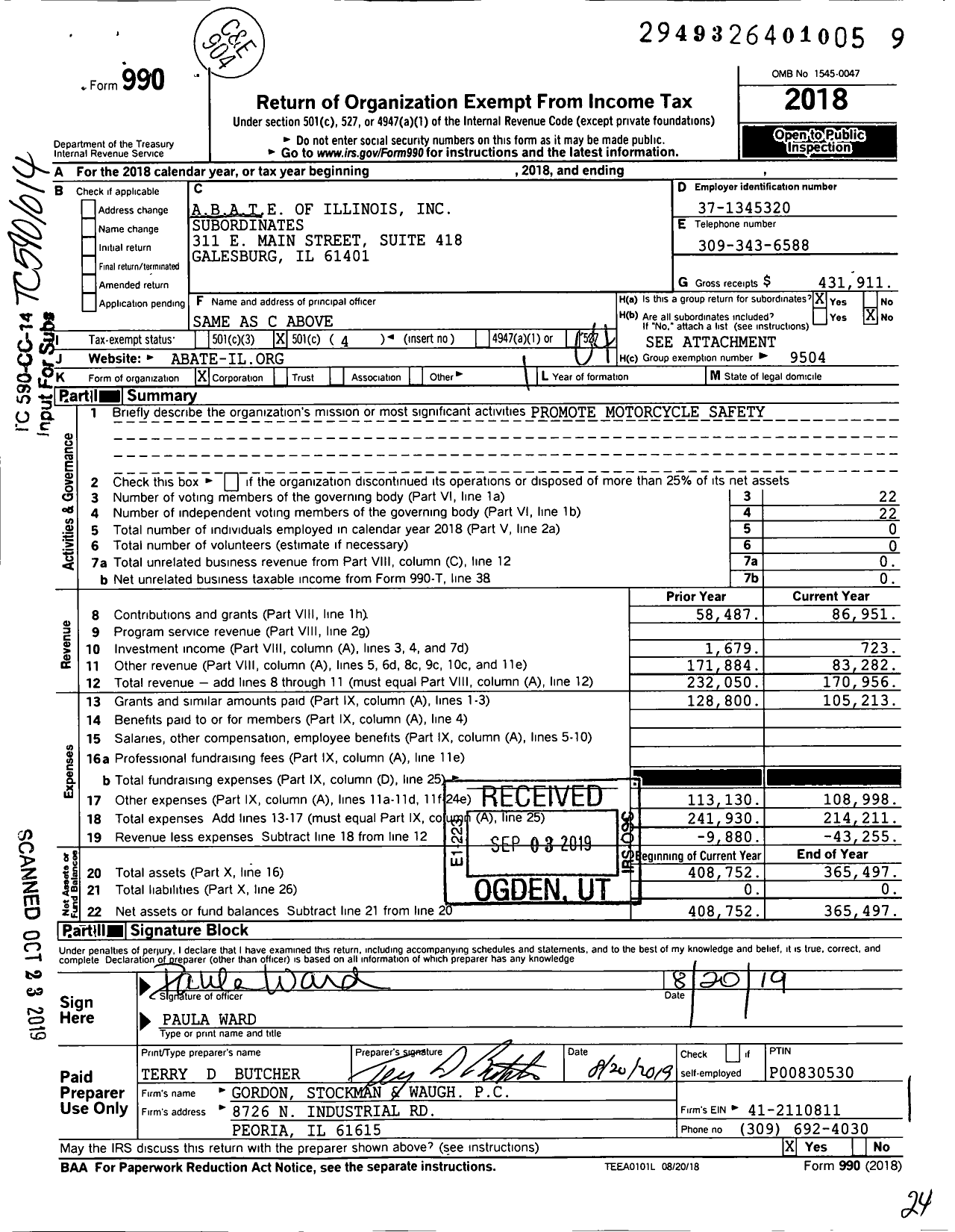 Image of first page of 2018 Form 990O for Abate of Illinois Subordinates