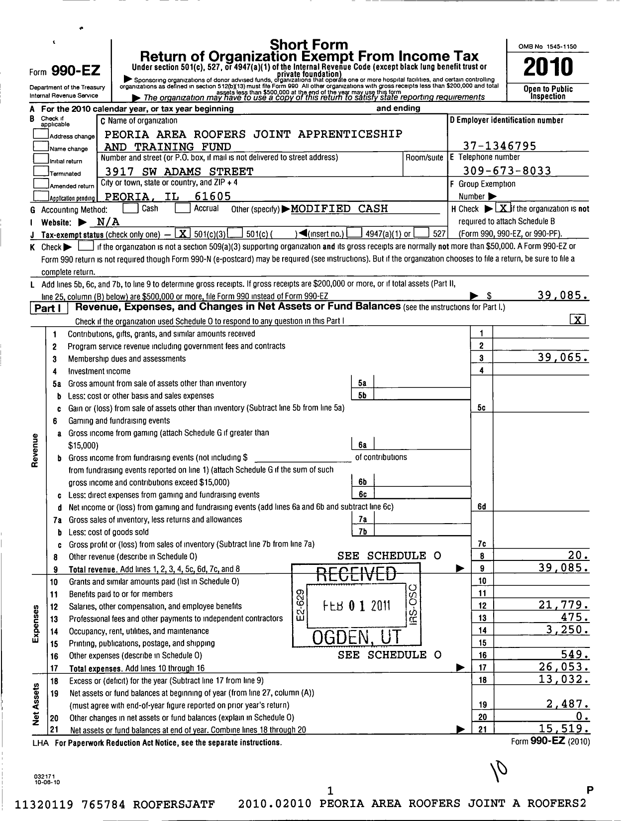 Image of first page of 2010 Form 990EZ for Peoria Area Roofers Joint Apprenticeship and Training Fund