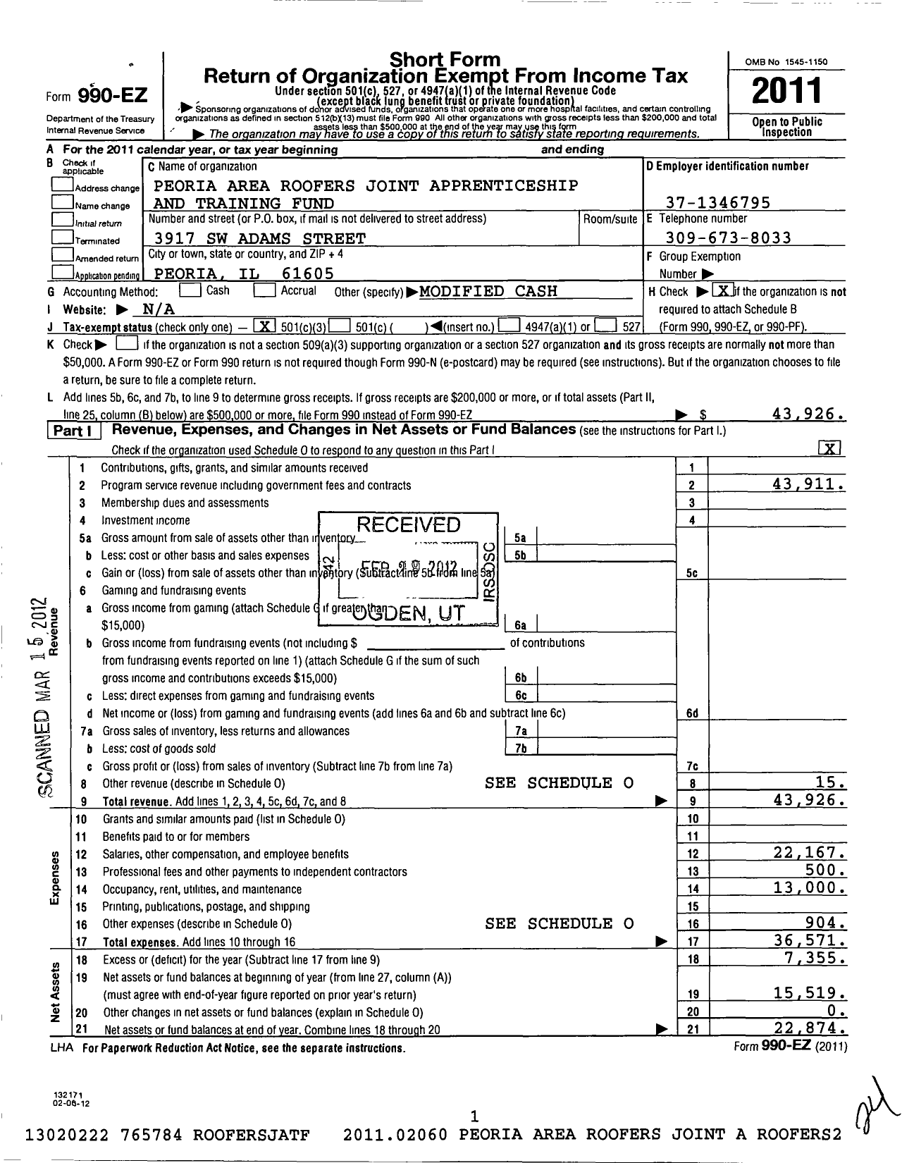 Image of first page of 2011 Form 990EZ for Peoria Area Roofers Joint Apprenticeship and Training Fund