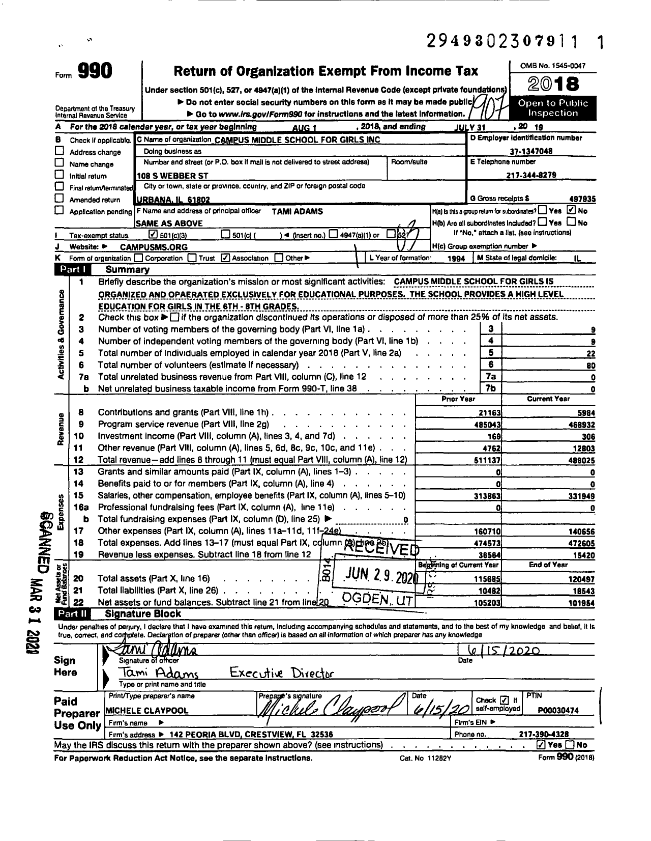 Image of first page of 2018 Form 990 for Campus Middle School for Girls