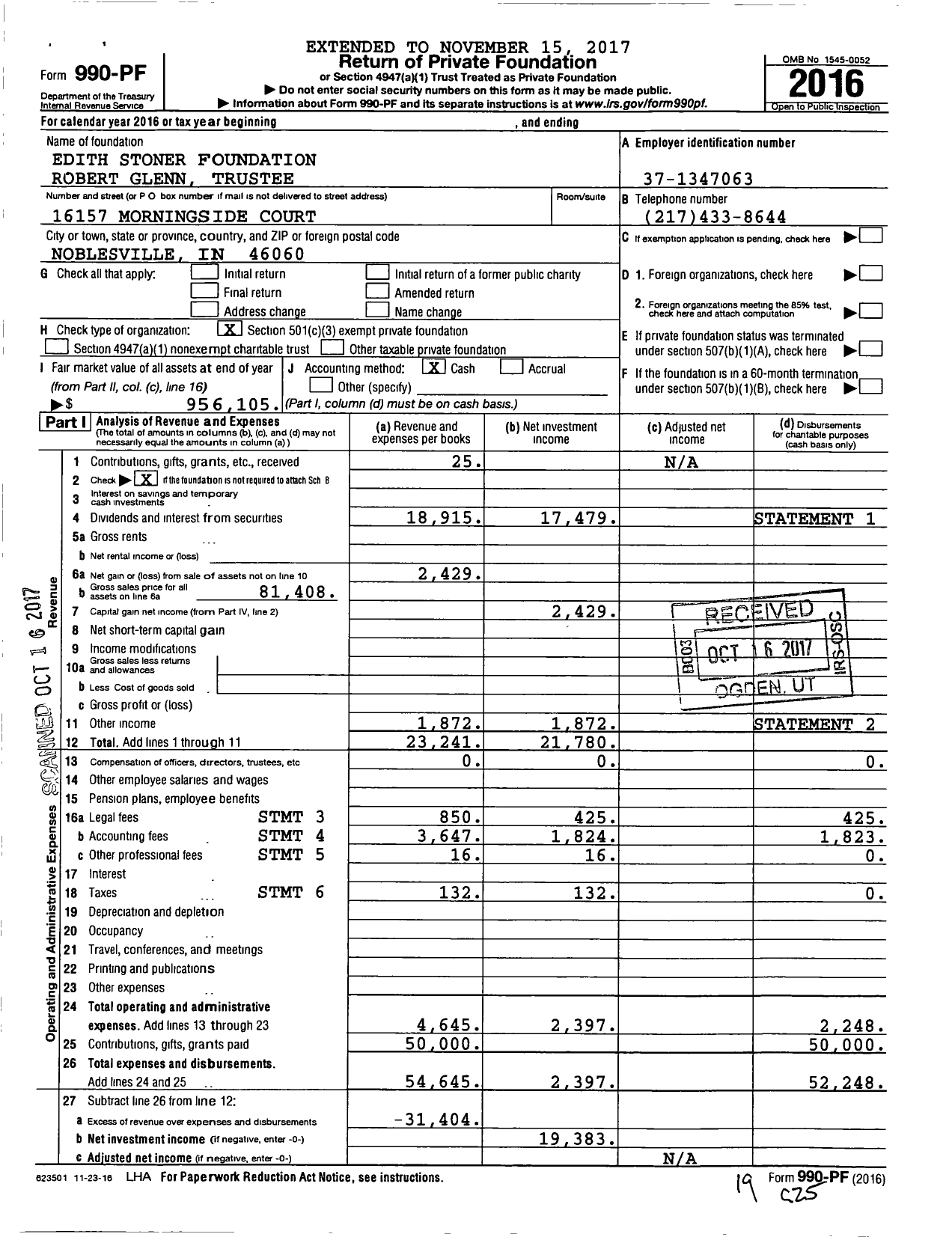 Image of first page of 2016 Form 990PF for Edith Stoner Foundation