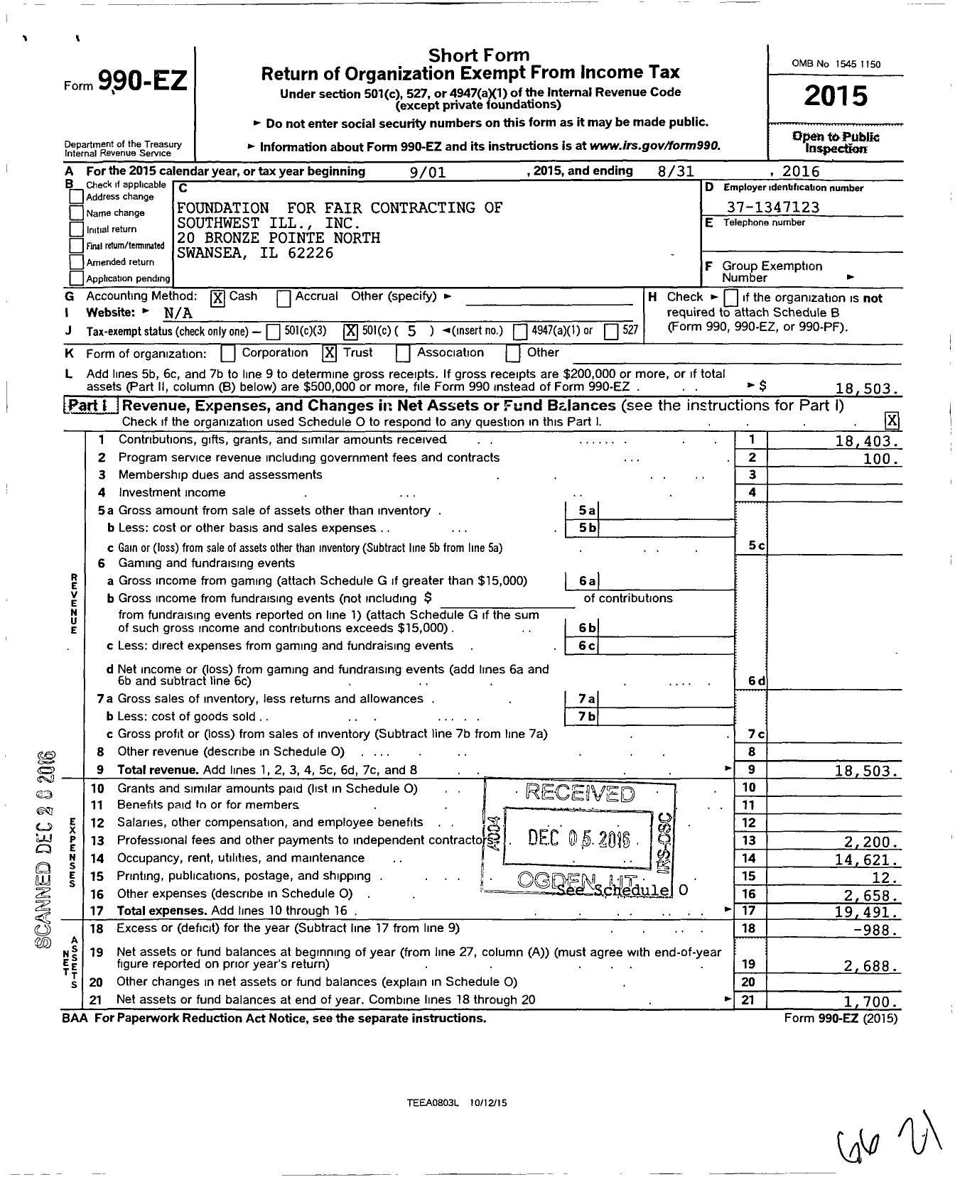 Image of first page of 2015 Form 990EO for Foundation for Fair Contracting of Southwest Illinois