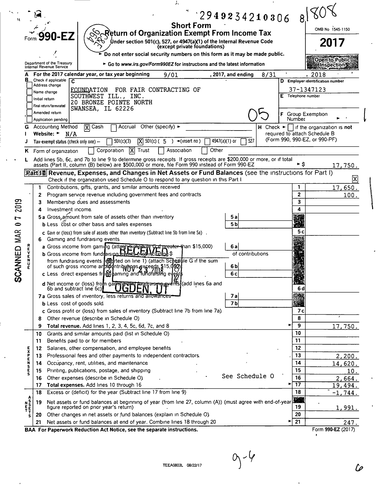 Image of first page of 2017 Form 990EO for Foundation for Fair Contracting of Southwest Illinois