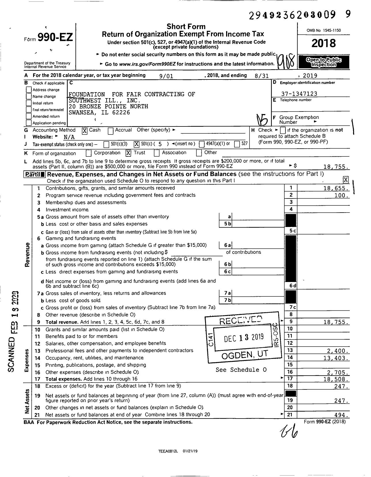 Image of first page of 2018 Form 990EO for Foundation for Fair Contracting of Southwest Illinois