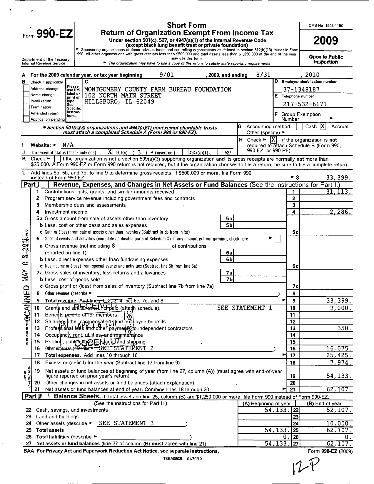 Image of first page of 2009 Form 990EZ for Montgomery County Farm Bureau Foundation