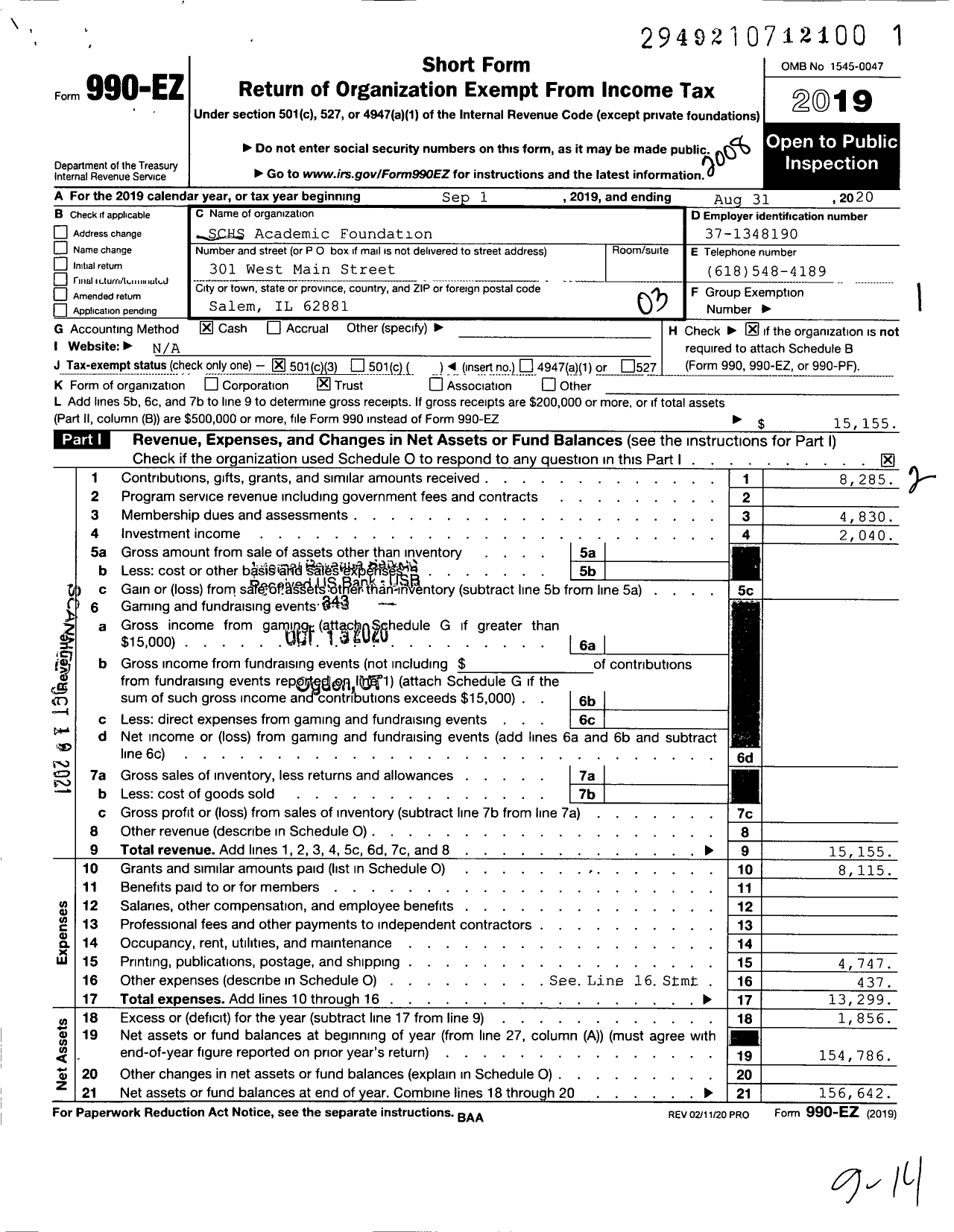 Image of first page of 2019 Form 990EZ for SCHS Academic Foundation