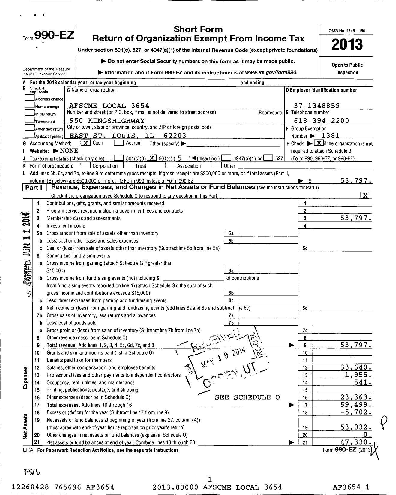 Image of first page of 2013 Form 990EO for American Federation of State County & Municipal Employees - L3654il STHWSTRN Il Corr Ctr Emps